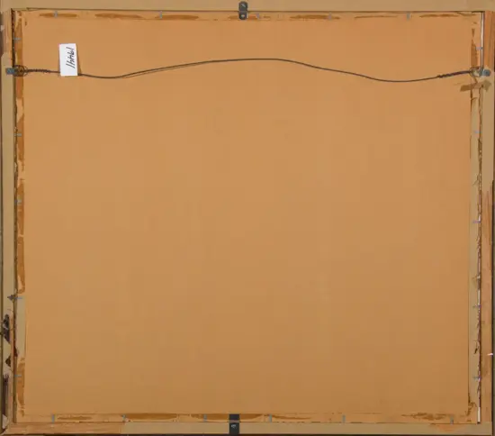 Back view of a framed artwork: brown cardboard backing, metal edge hardware, a curved hanging wire across the top, and a small white label on the left.