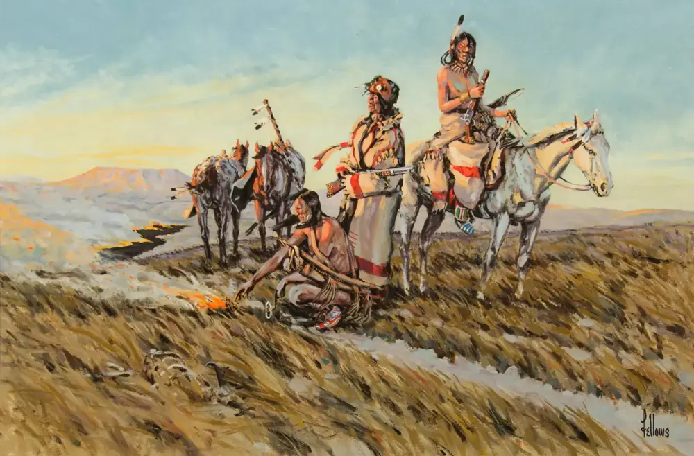 Painting of three Indigenous riders on horseback in a desert landscape, one seated on the ground, another standing with a rifle, and a third on a light-colored horse under a pale blue sky.