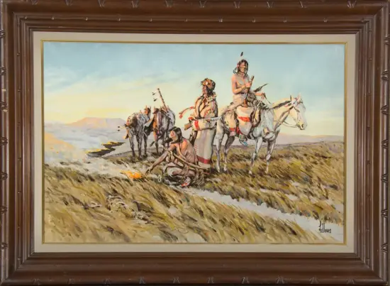 Framed painting of Native American men on horseback in a grassy western landscape at sunset/dusk.