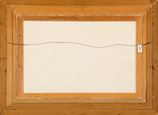 Back view of a framed canvas with a hanging wire across the middle and a small tag on the right edge.