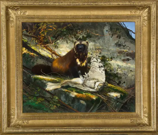 Brown bear standing over a fallen white-feathered bird on a mossy rock, in a gold ornate frame.