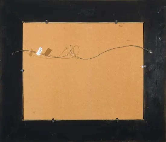 Back of a framed artwork: brown cardboard backing with a hanging wire and small label tag visible on the left side.