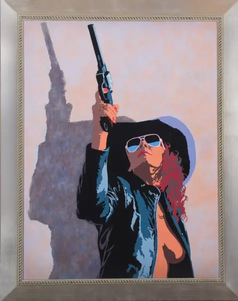 Woman in denim jacket and hat aims a revolver upward, sunglasses on, against a desert rock backdrop in a pop-art style painting.