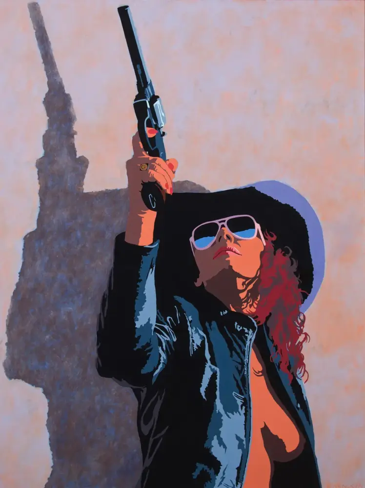 Stylized illustration of a person wearing sunglasses and a hat, raising a revolver toward the sky with one hand, against a pale background.