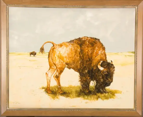 Framed painting of a large bison grazing on a pale desert plain, with a smaller bison in the distance.