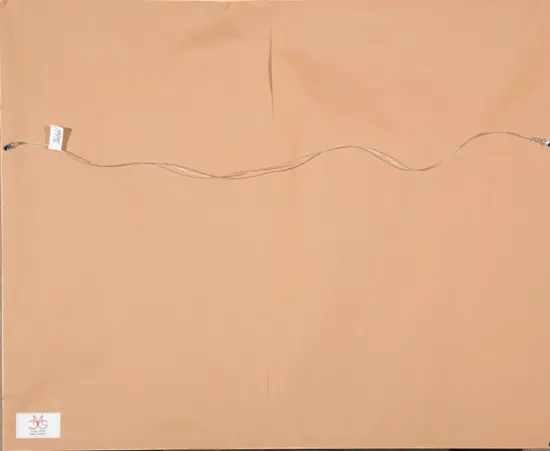 Back of a framed artwork showing the hanging wire stretched across a brown backing, with small tags and a Collier Gallery sticker in the lower left.