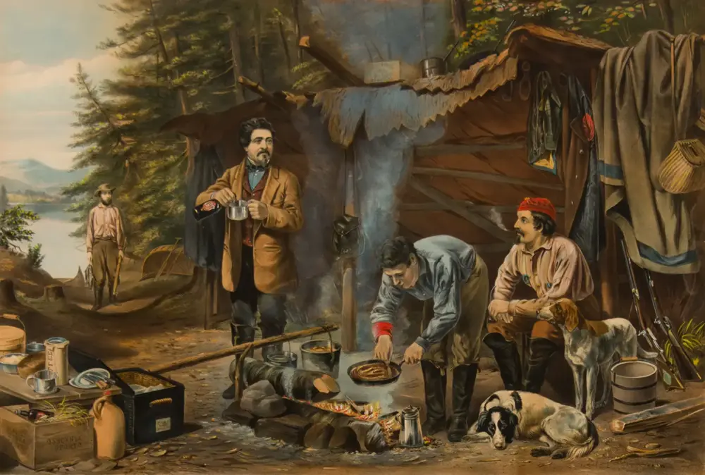 Three men and a dog at a rustic forest camp, cooking over a campfire with pots, utensils, and a tent in the background.