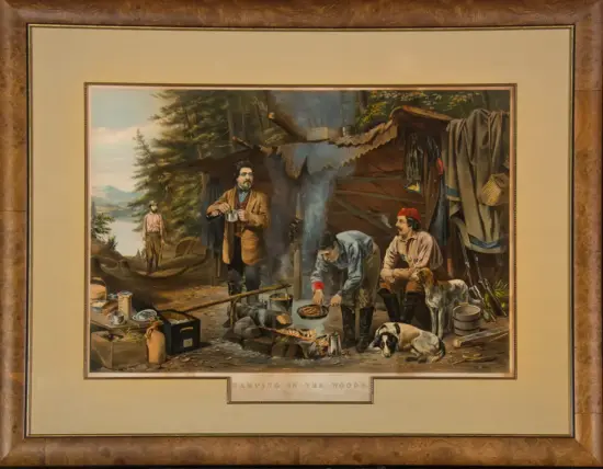 Painting of a woodland campsite with men cooking over a campfire, a dog resting nearby, and gear and tents set up in a forest clearing