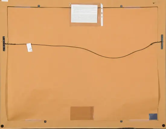 Back of a framed artwork with a twisted hanging wire across the center, metal brackets at sides, and a label/tape stuck on the wire.