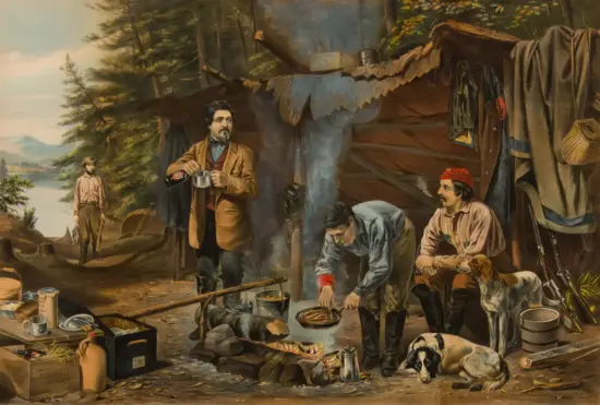 Three men and a dog at a rustic forest camp, cooking over a campfire with pots, utensils, and a tent in the background.