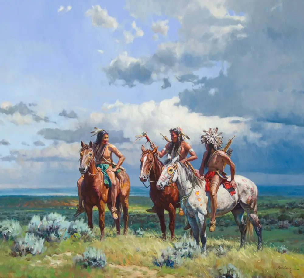 Impressionistic painting of Indigenous horsemen in ceremonial dress riding in a line along a coastal beach, under a blue sky with clouds and feathered regalia.