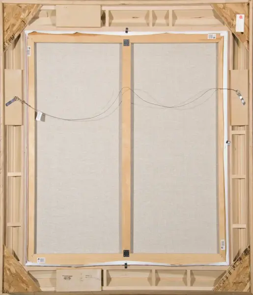 Rear view of a framed canvas stretched on a wooden frame, with a metal hanging wire running across and tags attached to the sides
