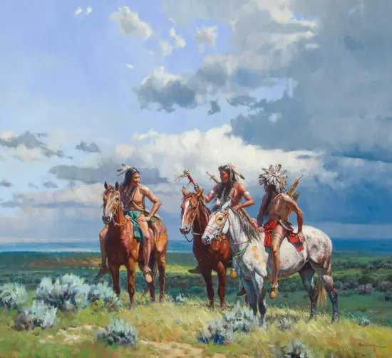 Impressionistic painting of Indigenous horsemen in ceremonial dress riding in a line along a coastal beach, under a blue sky with clouds and feathered regalia.