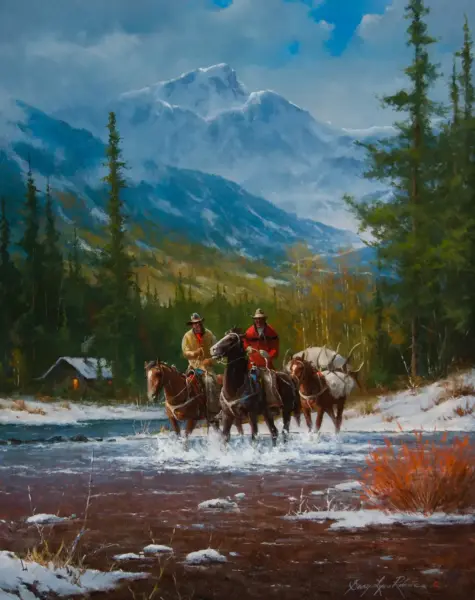 Snowy mountain landscape with evergreen forest; a group of riders on horseback cross a shallow river in the foreground.