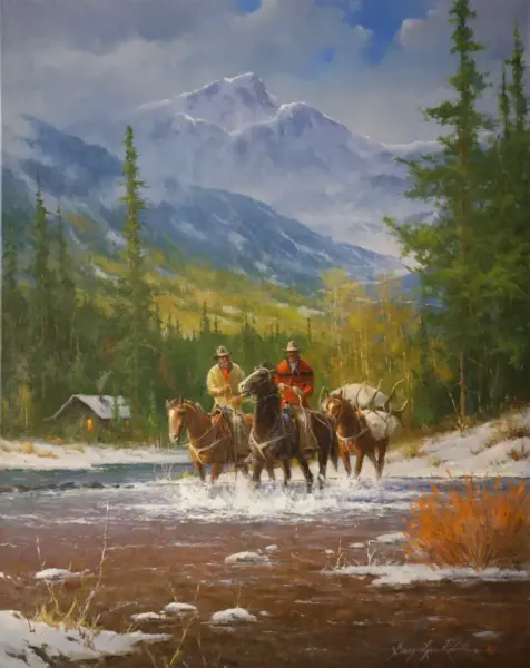 Four riders on horseback cross a shallow river through a snowy forest valley, with snow-capped mountains in the distance, in a painted scene on canvas.