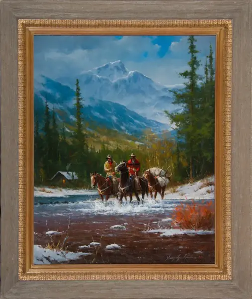 Two riders on horseback cross a shallow, snowy river beneath snow-capped mountains and evergreen trees in a mountain landscape painting.