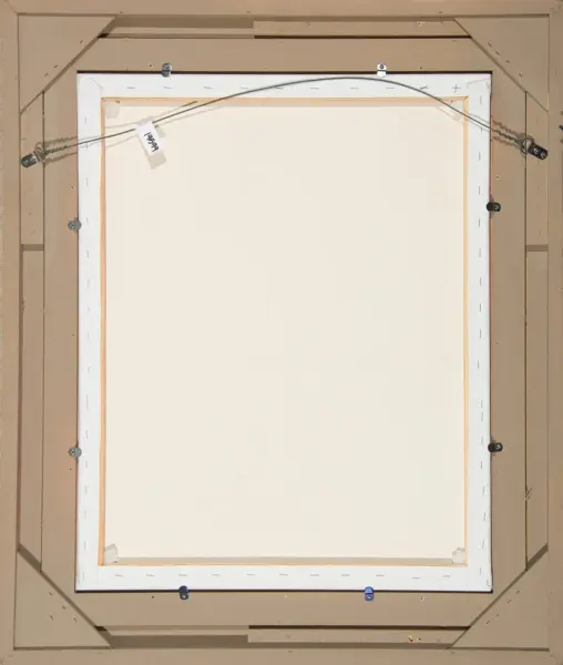 Back of a framed canvas showing a hanging wire, screws, and a small label reading 1999.