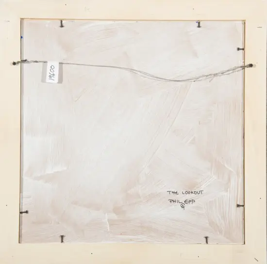 Back of a framed painting: wooden stretcher, hanging wire across top, small tag reading 91600 on left side.