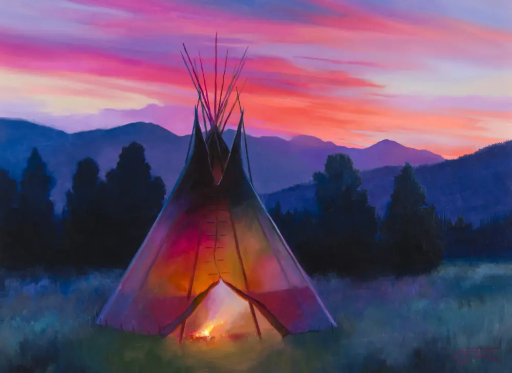 Tipi camp at dusk with a glowing interior, set against a vibrant pink and purple sunset over mountains and trees