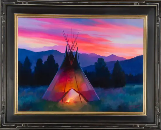 Colorful teepee set on grassy field at sunset with purple mountains and pine trees in the background, in a decorative frame.