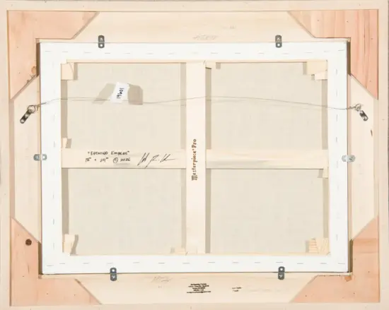 Back of a framed canvas showing stretcher bars, hanging wire, and corner braces with handwritten notes and a small tag attached to the wire.