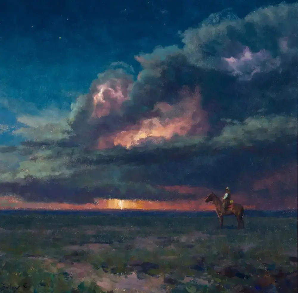 Person on horseback standing in a vast grassy plain at sunset beneath dramatic cloudy skies, horizon glow in the distance.