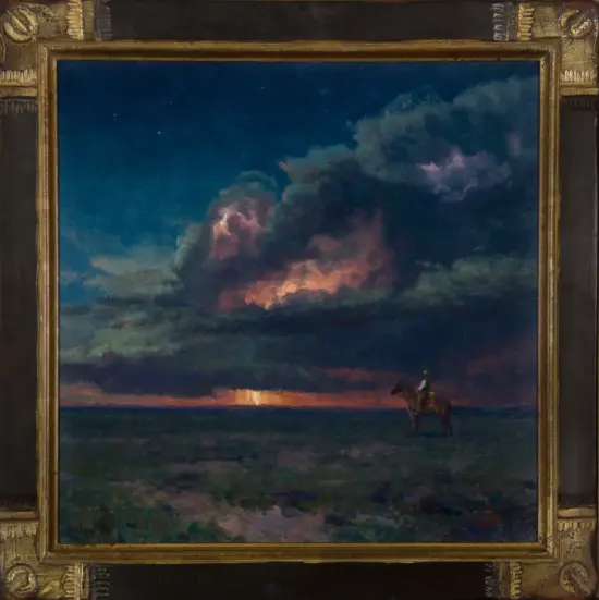Framed landscape painting of a cloudy sunset over a calm horizon, with an ornate gold frame