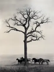 Leafless tree with sprawling, twisting branches rising from a shore, a group of horses gathered at the base.