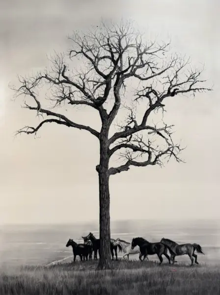 Leafless tree with sprawling, twisting branches rising from a shore, a group of horses gathered at the base.