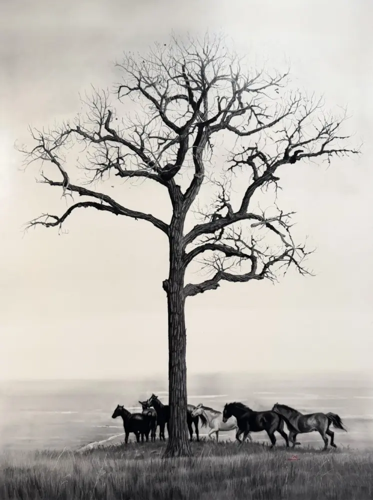 Bare, leafless tree with twisting branches stands on a field, a herd of horses gathered at its base.