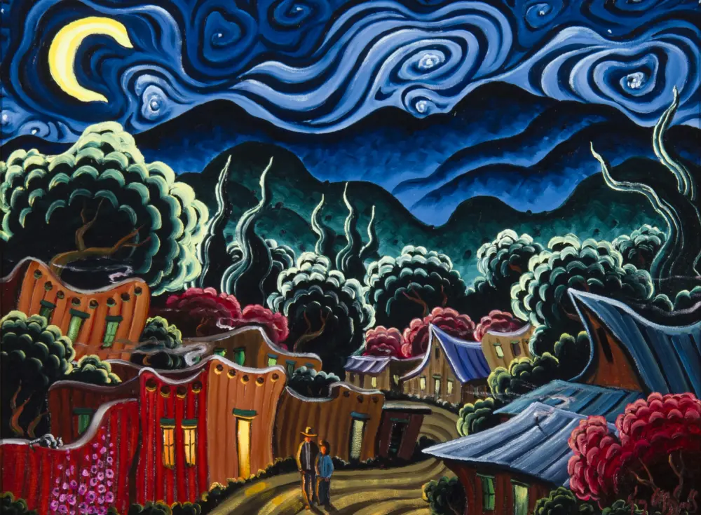 Vivid mural of a village at night under a swirling blue sky and a yellow crescent moon.