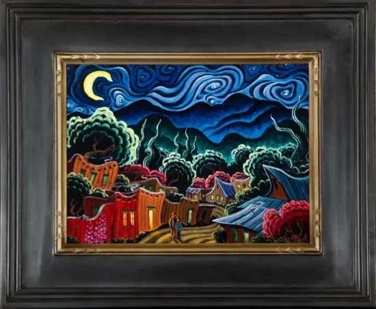 Vibrant night village scene with brightly colored houses, winding path, and two people under a swirling blue sky with a crescent moon, framed as a painting.