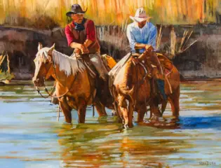 Two cowboys on horseback wade through shallow river water in a vivid, impressionist-style Western scene.