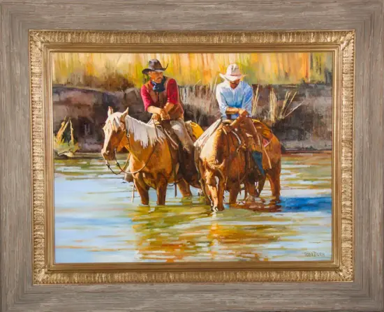 Two cowboys on horseback crossing a shallow river, hats and bright clothing, in a colorful landscape painting.