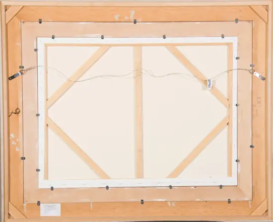 Back of a framed canvas with a wooden stretcher frame, wire hanging hardware, and multiple inner white borders; diagonal braces visible inside the frame.