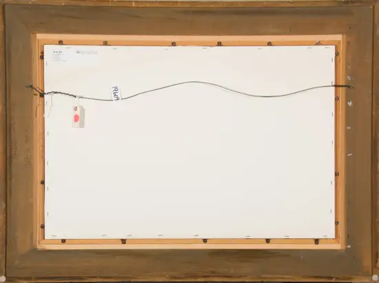 Back of a framed painting with a wooden frame, showing a hanging wire and auction lot tag (Lot 42) attached to the white backing panel