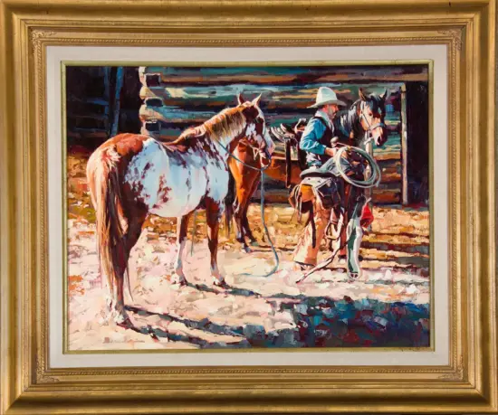 Painted scene of a cowboy with two horses and a lasso in a sunlit corral beside a wooden fence.