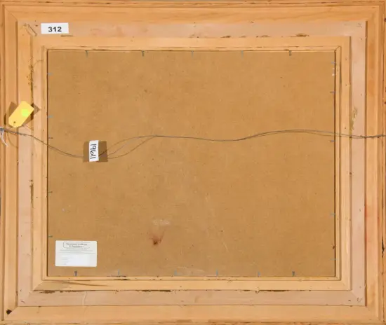 Back of framed artwork with hanging wire, cork backing, and labels reading '312' and a small white tag.
