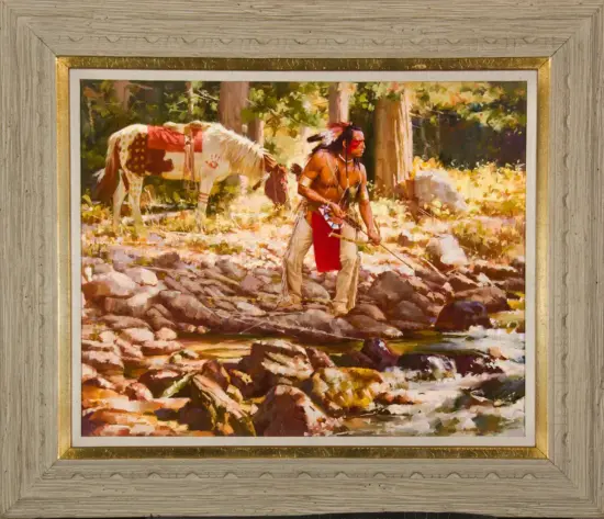 Painting of a Native American hunter standing on rocks by a stream, drawing a bow with a horse in the background.