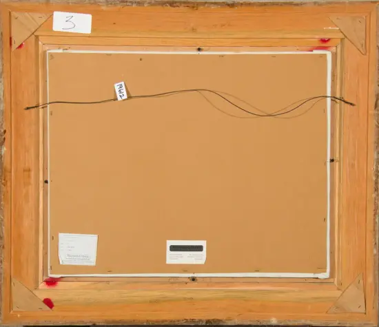 Back of a framed artwork showing a brown backing, a hanging wire, and several small labels; a white tag with the number 3 on the top left.