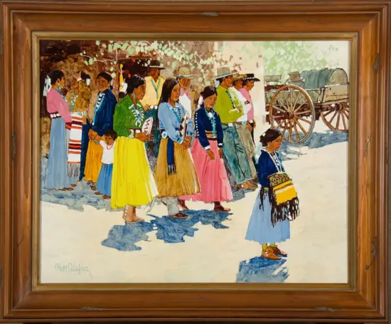 Painting of a line of Indigenous people in colorful traditional dress walking together, with a young girl carrying a woven bag in front, and a wagon in the background framed by a wooden border.