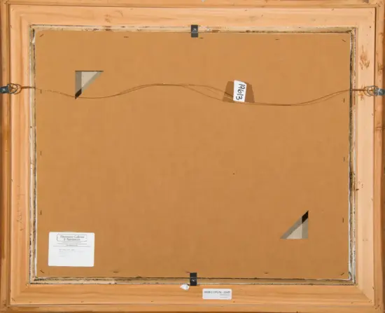 Back of framed painting: brown cardboard backing with a wire hanging system across the middle, small labels and corner protectors, wooden frame visible around edges.