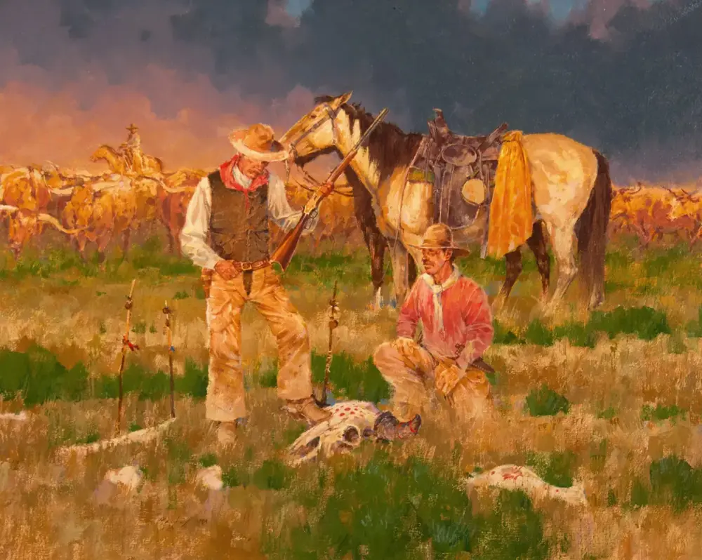 Two cowboys examine a carcass in a sunlit prairie, one holding a rifle while a kneeling partner watches; horses and a herd are in the background