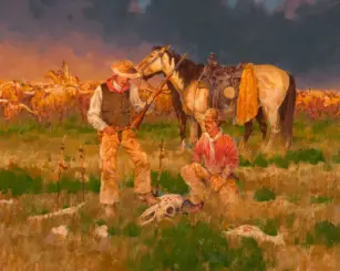 Two cowboys in a prairie field, one standing with a rifle and the other crouching beside a dead game bird on the ground, with horses in the background
