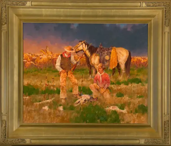 Oil painting of two cowboys in a grassy prairie after a hunt: one standing with a rifle, the other kneeling beside a dead animal, with horses and a long cattle herd in the background.