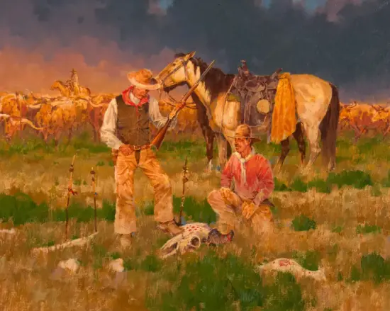 Two cowboys in a prairie field, one standing with a rifle and the other crouching beside a dead game bird on the ground, with horses in the background