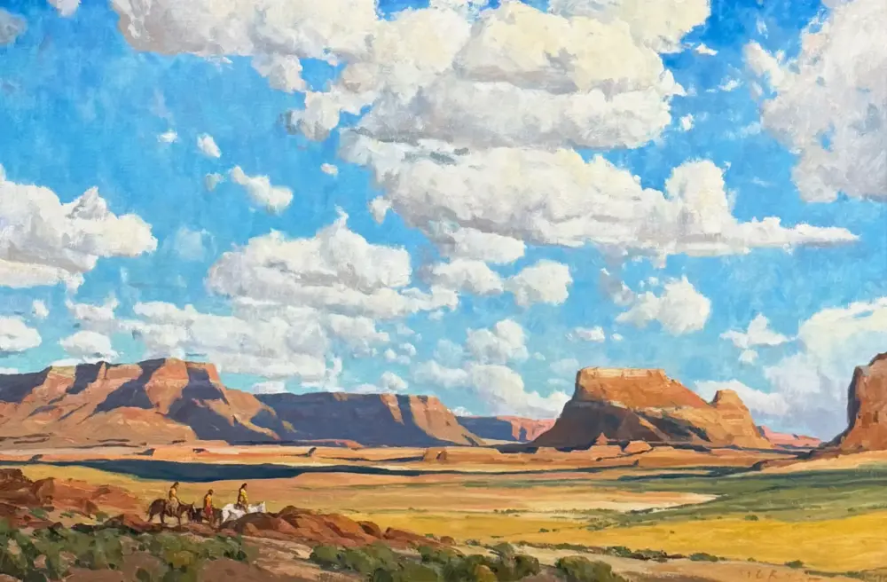 Desert canyon landscape painting with red rock formations, blue sky, and a small group on horseback in the foreground.