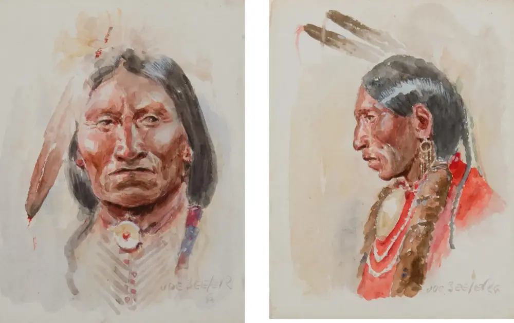 Diptych watercolor portraits of Indigenous people: left panel shows a front-facing elder with long hair; right panel shows a braided profile in red attire.