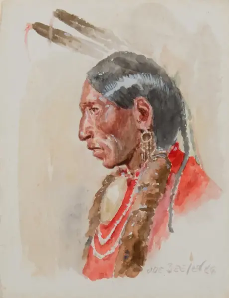 Watercolor portrait in profile of a Native American man with dark hair and braids, wearing a red garment and earrings against a pale background