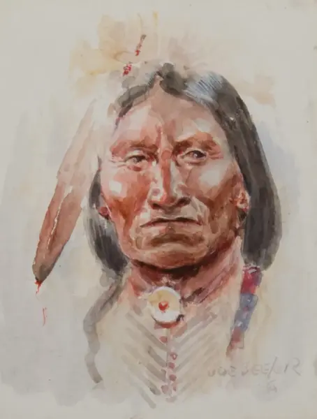 Watercolor portrait of a Native American man with a feather in his hair and a calm expression.